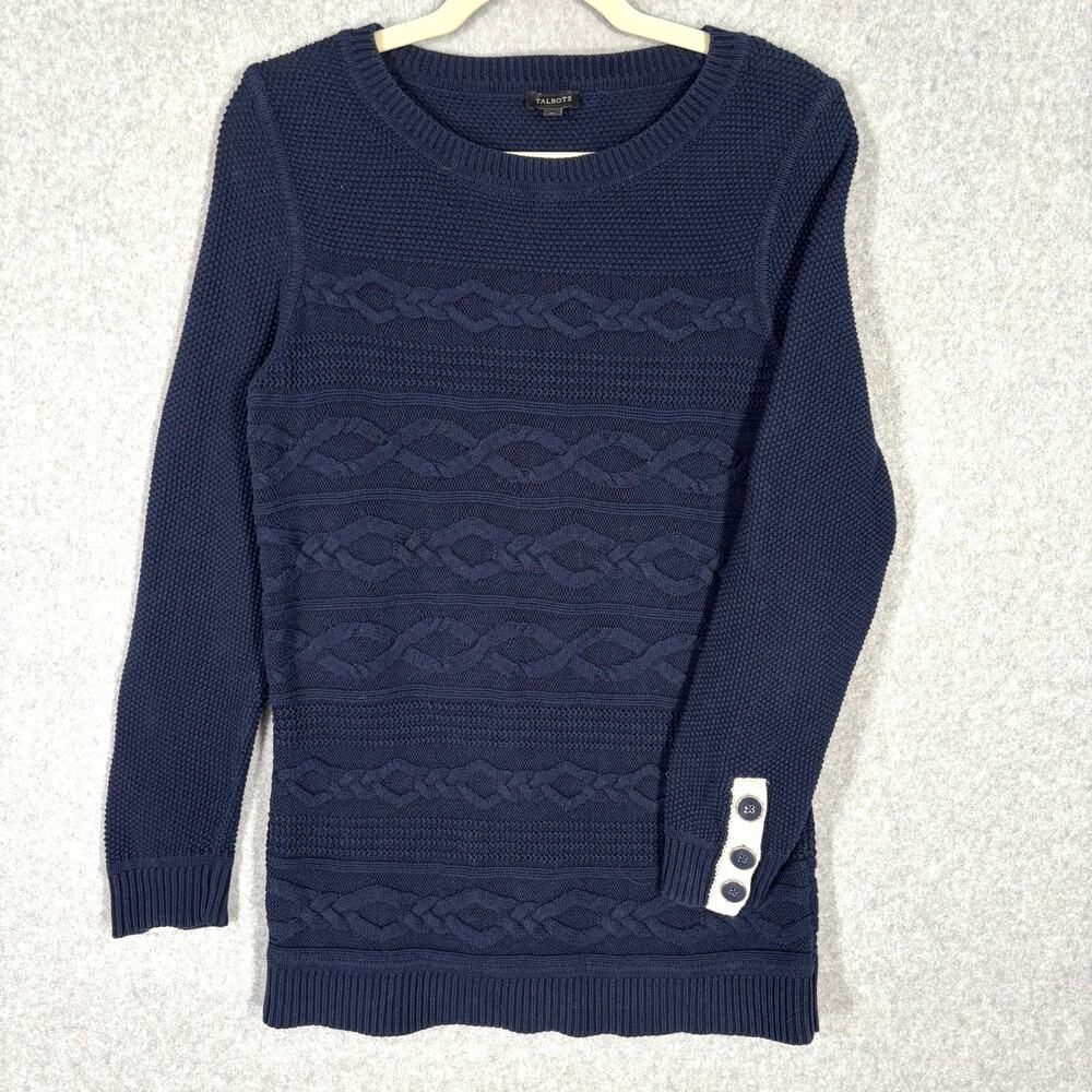 Talbots Sweater‎ Women Medium Navy Cable Classic Academia Equestrian Fisherman